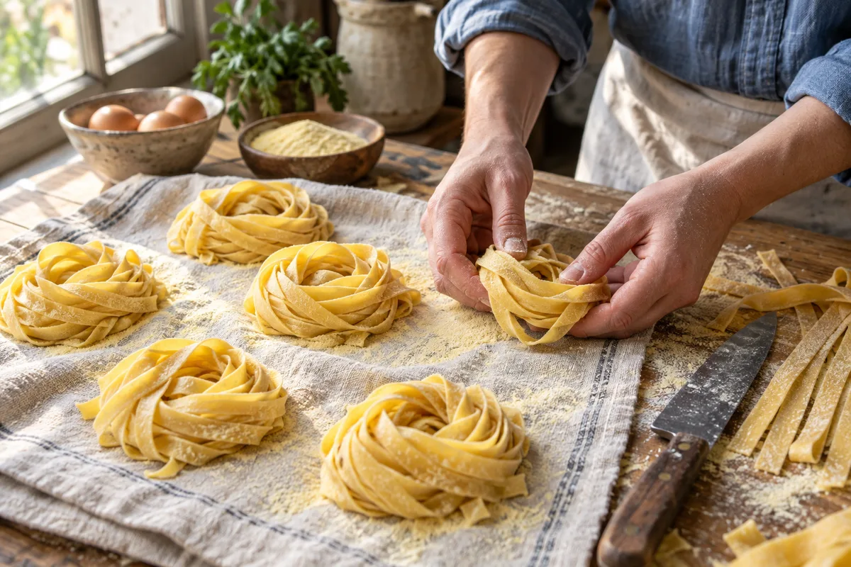 Mains qui enroulent des nids de tagliatelles fraîches sur un torchon en lin fariné