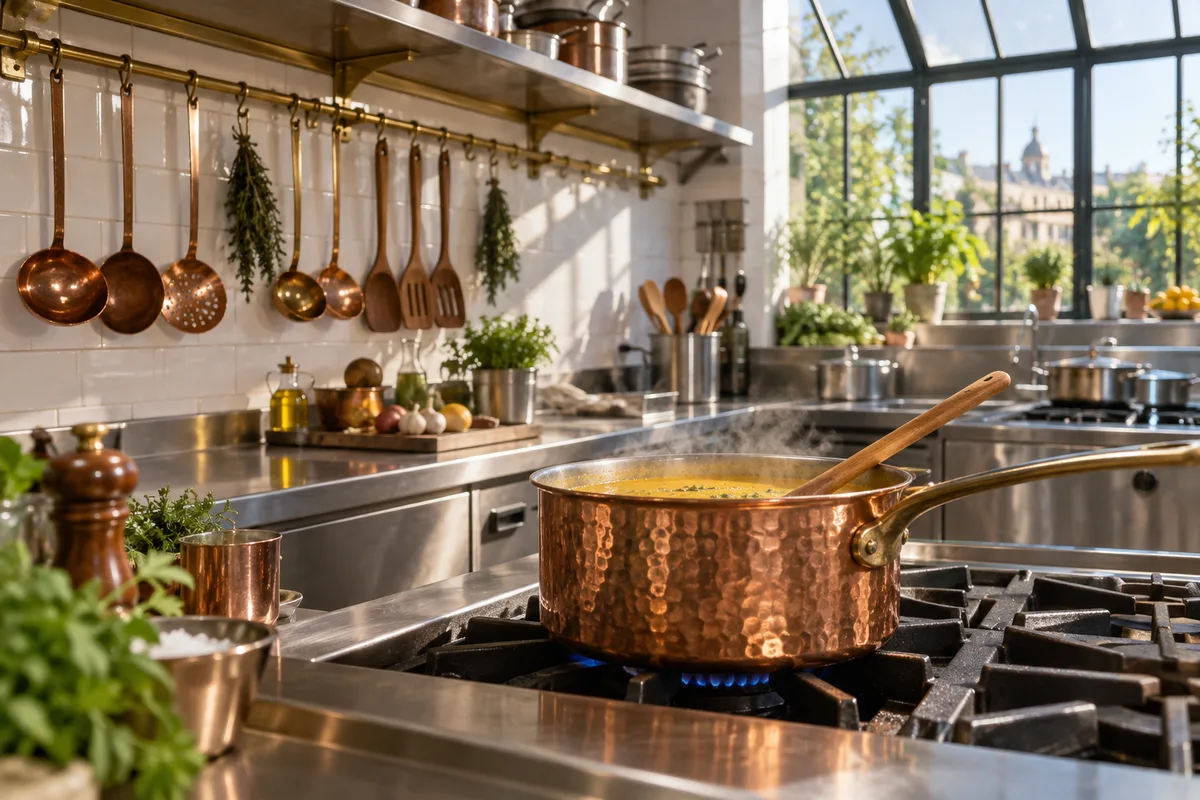 Casserole en cuivre fumante sur la cuisinière d’un atelier de cuisine lumineux