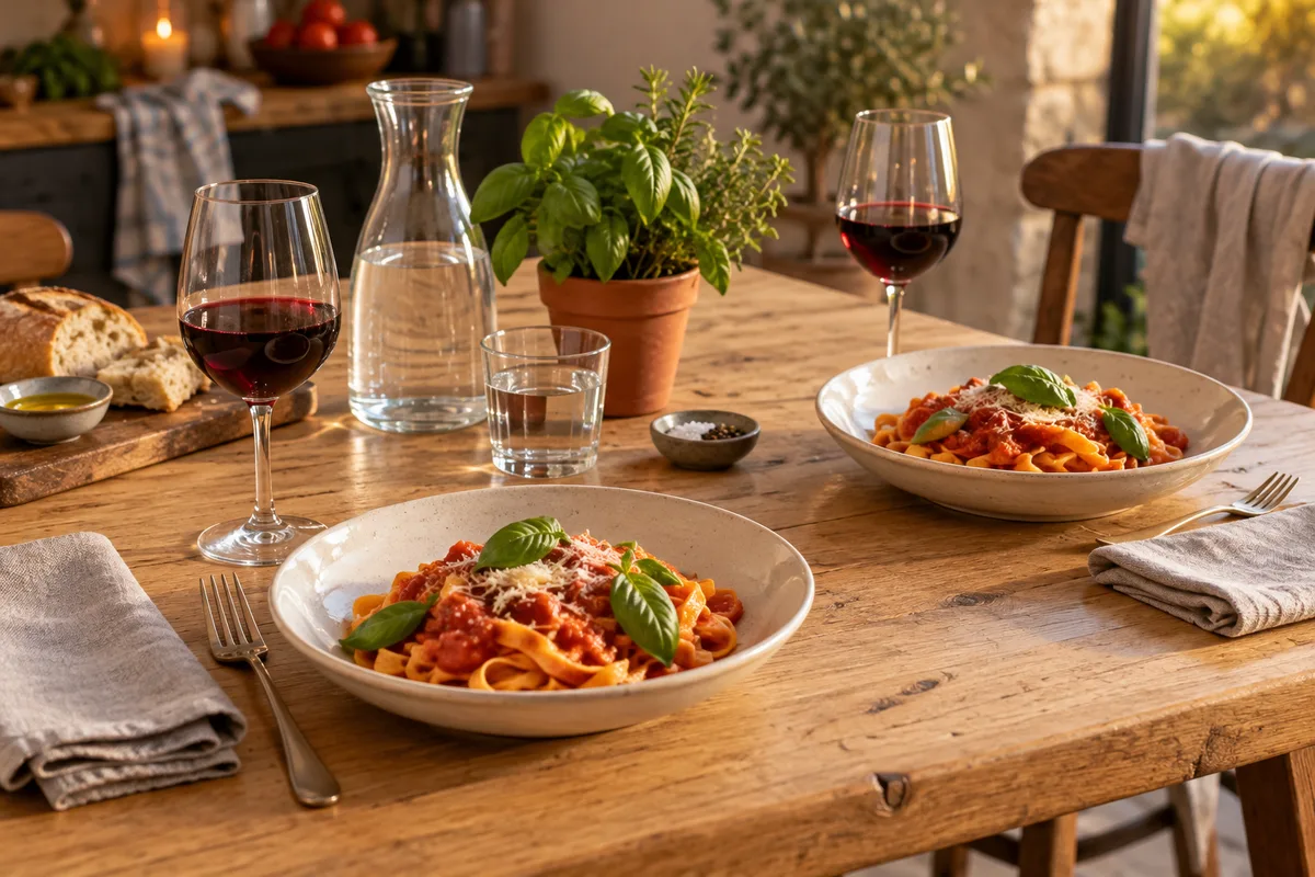Deux assiettes dressées et deux verres de vin rouge sur une table en bois clair