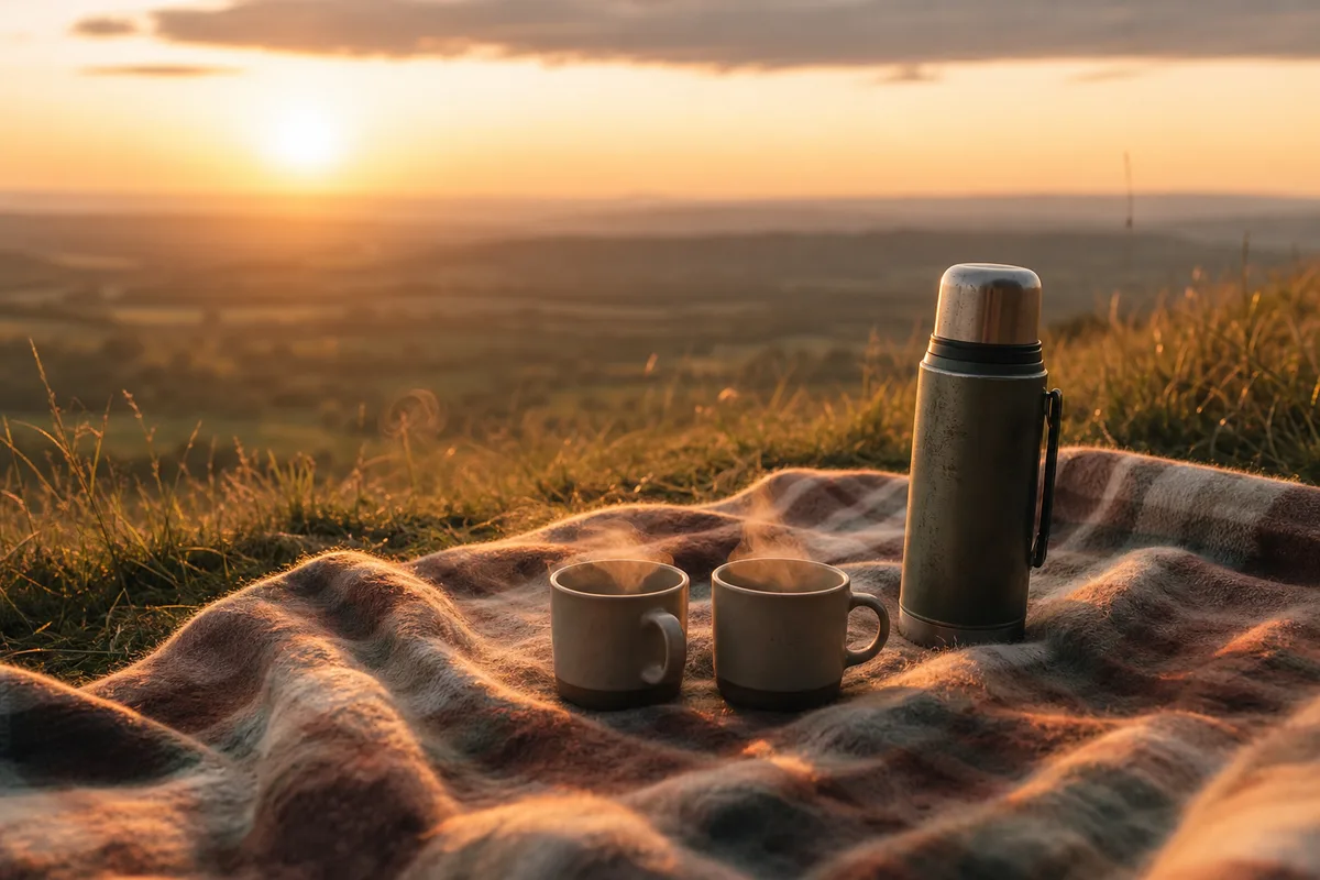 Couverture et thermos installés en pleine nature au coucher du soleil