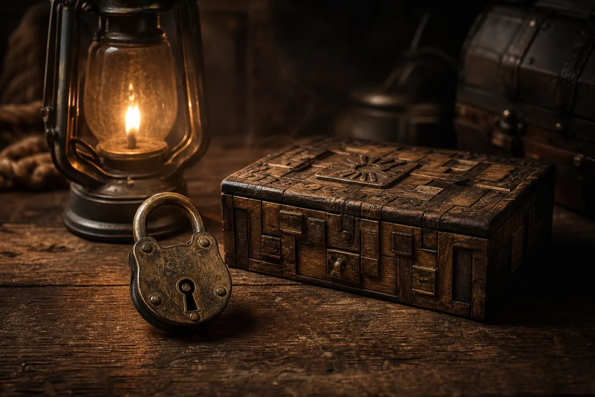 Ambiance feutrée d&rsquo;une salle d&rsquo;escape game avec énigmes et cadenas anciens