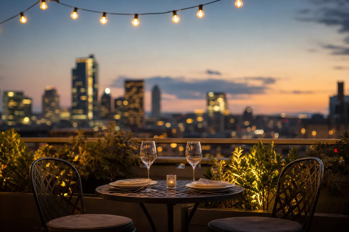 Terrasse en hauteur avec vue sur les toits d&rsquo;une grande ville au crépuscule