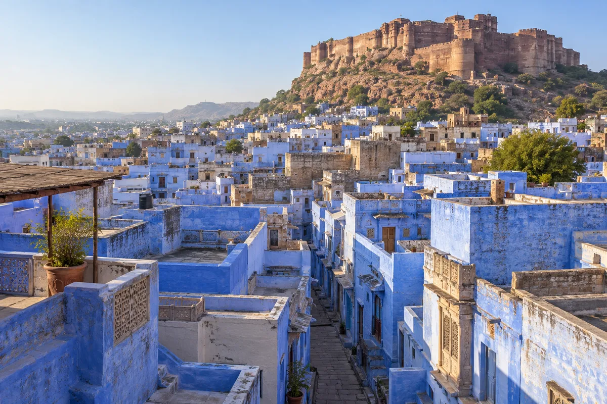 Ruelles de maisons peintes en bleu indigo au pied d’un fort de grès perché sur un éperon rocheux, dans la lumière du matin