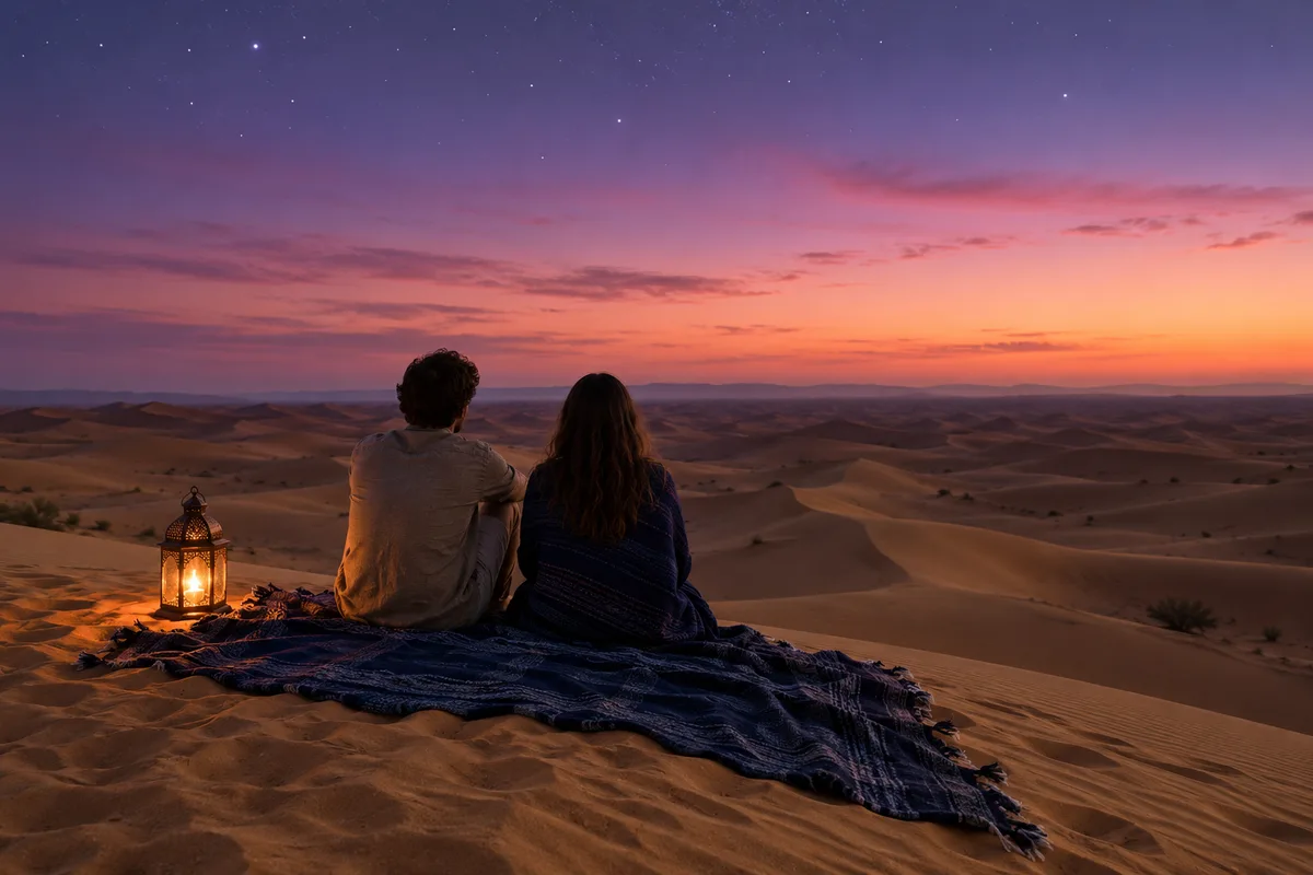 Deux silhouettes vues de dos assises sur une dune au crépuscule, près d’une couverture indigo et d’une lanterne allumée