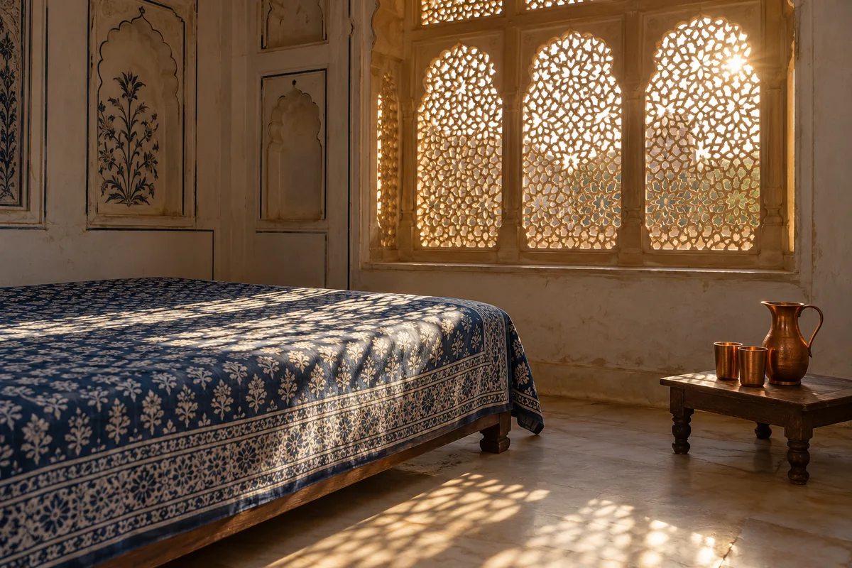 Chambre de haveli au matin, la lumière d’une fenêtre en pierre ajourée dessine des motifs sur un lit au couvre-lit indigo