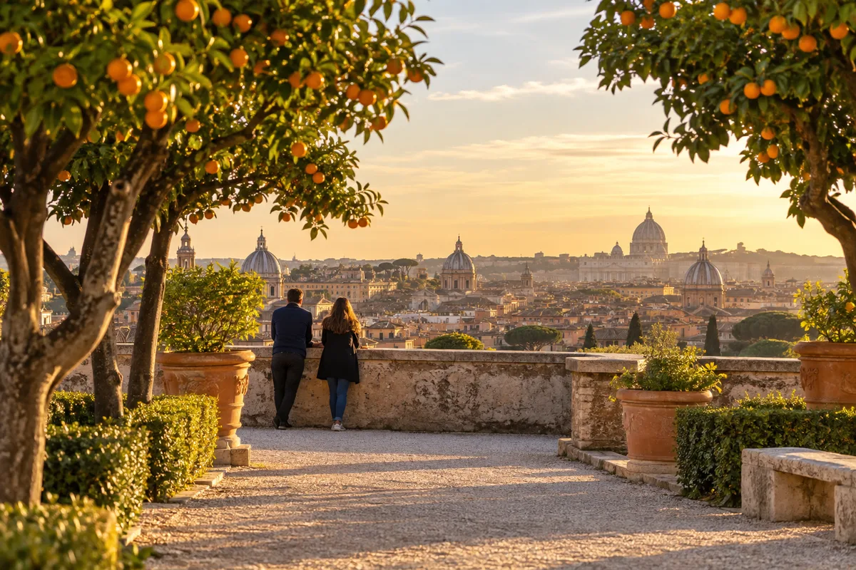Belvédère du jardin des Orangers sur l’Aventin, deux silhouettes de dos face aux toits de Rome