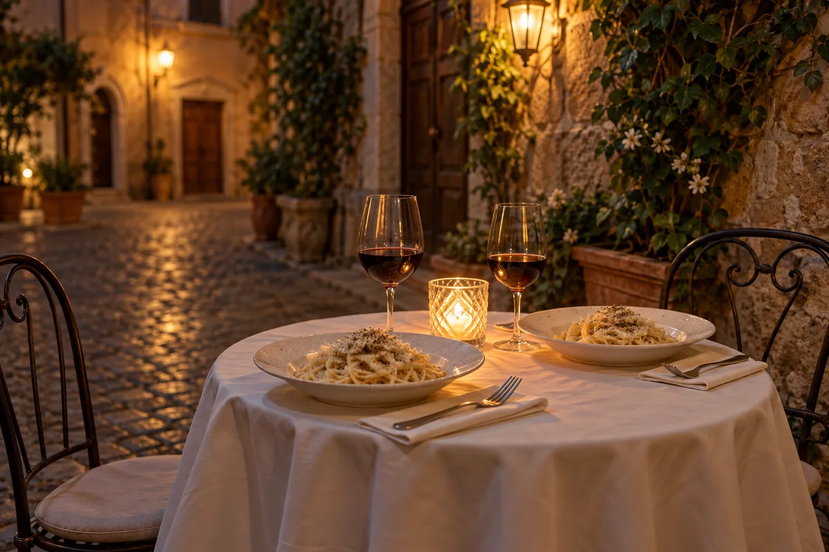 Table dressée pour deux en terrasse sur une placette pavée de Rome le soir