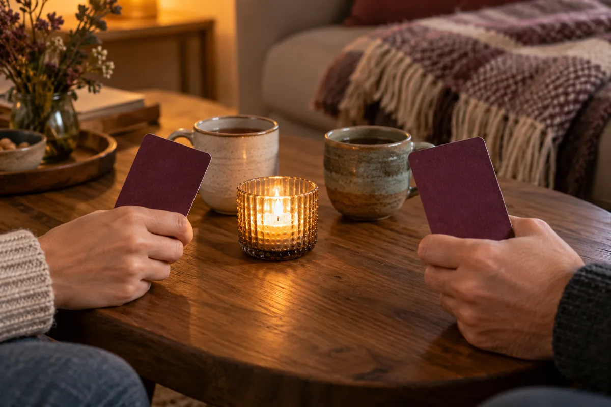 Table basse préparée pour une soirée à deux, deux mains tenant chacune une carte à dos uni près d’une bougie allumée