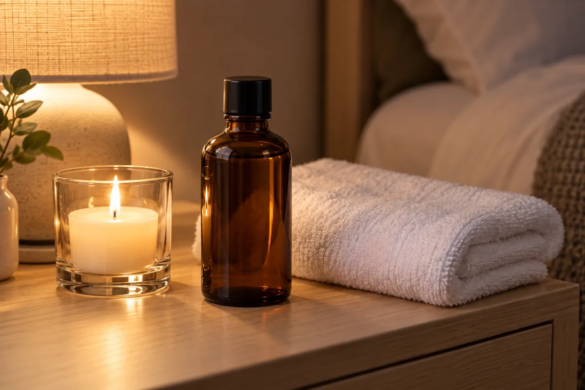 Flacon d’huile de massage en verre ambré posé près d’une bougie et d’une serviette blanche pliée sur une table de chevet