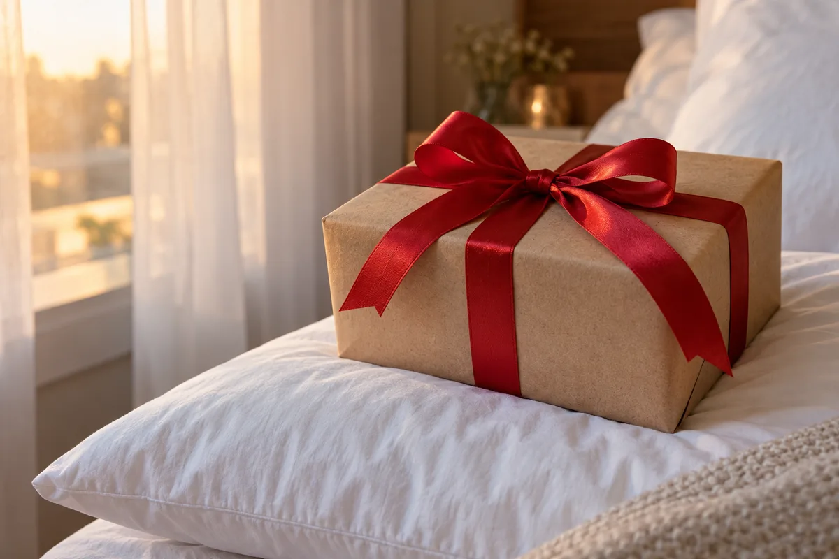 Boîte cadeau en papier kraft nouée d’un ruban de satin rouge posée sur un oreiller blanc au bord d’un lit fait