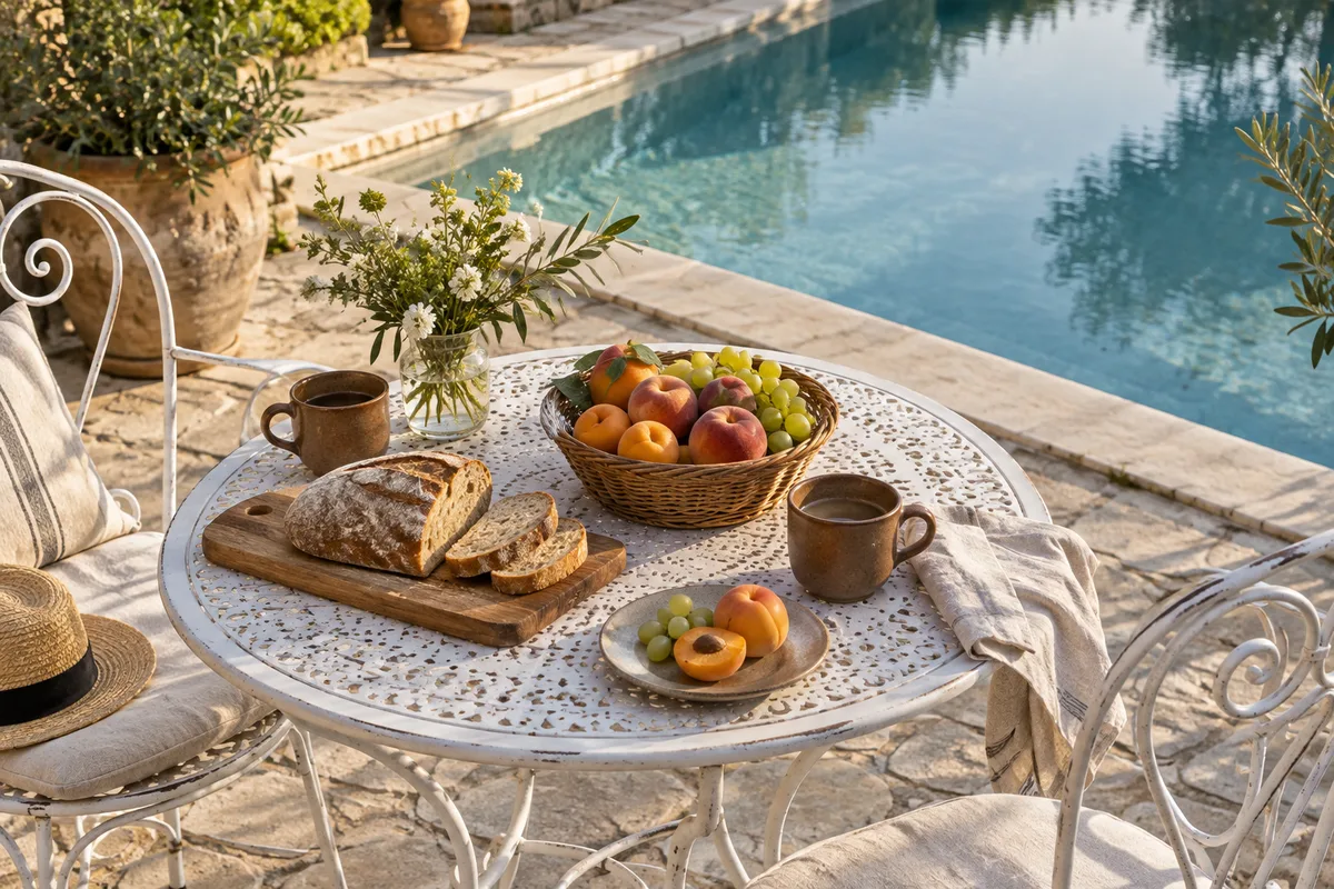 Petit déjeuner pour deux sur une table en fer forgé au bord d’une piscine au matin