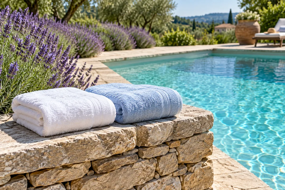 Deux serviettes de bain pliées sur un muret en pierre près d’une piscine bordée de lavande