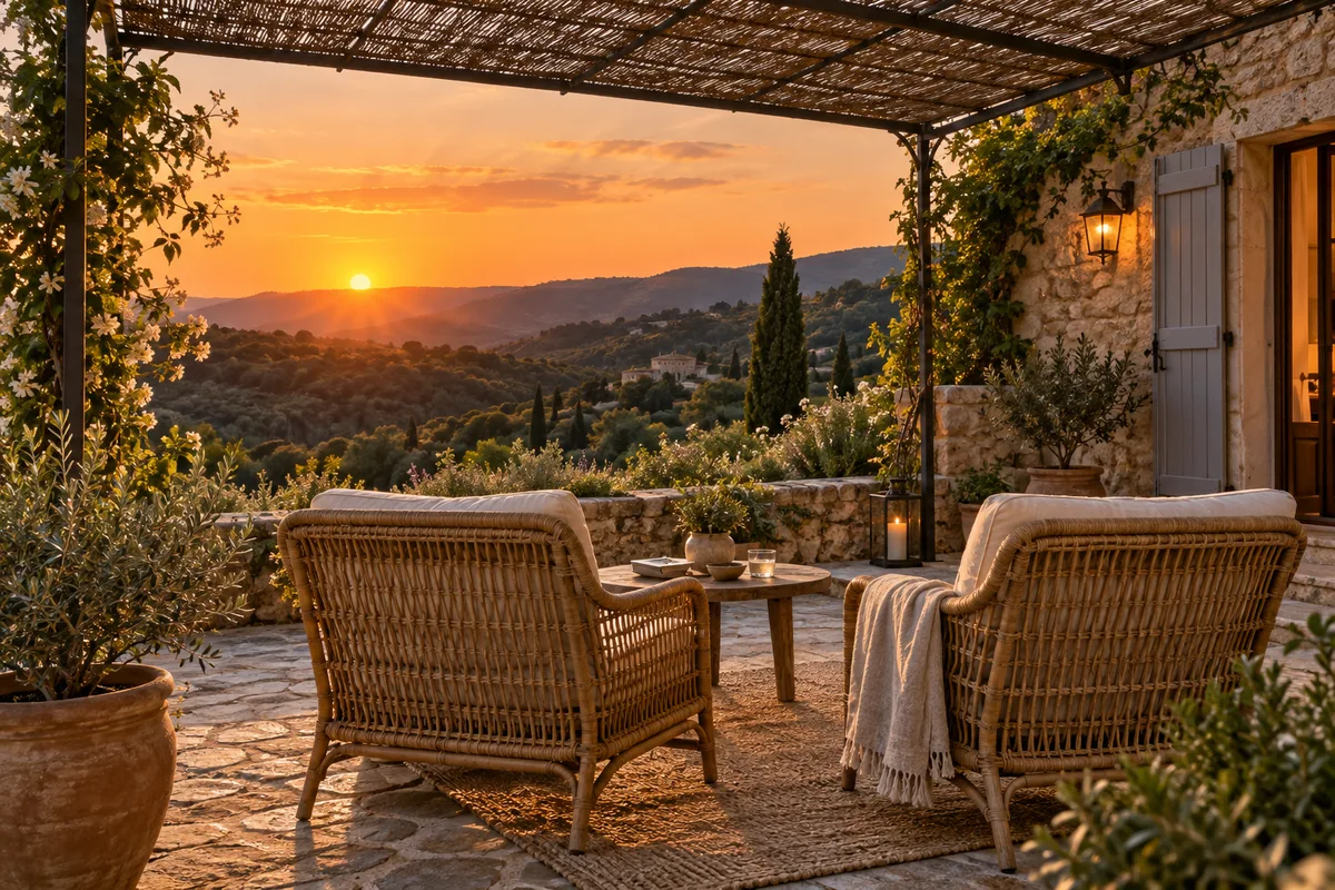 Terrasse ombragée d’une petite villa en pierre, deux fauteuils en rotin face aux collines au couchant