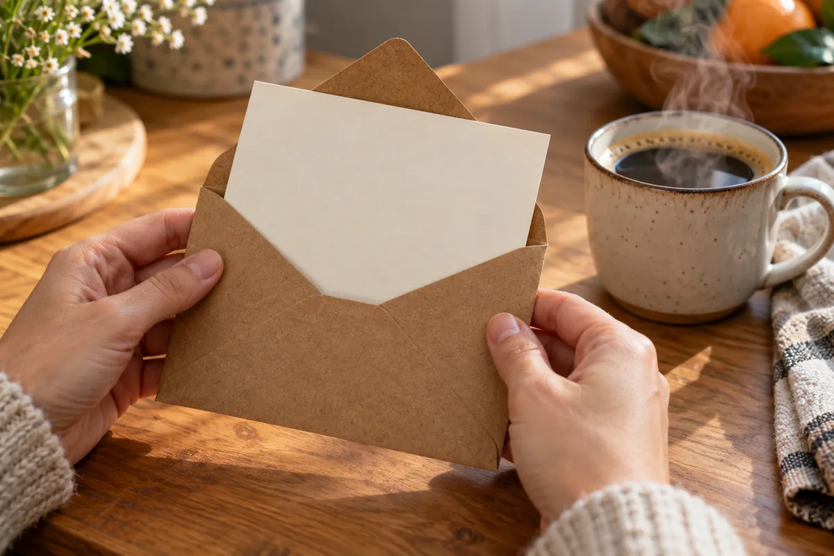 Mains tenant une enveloppe kraft ouverte à côté d’une tasse de café