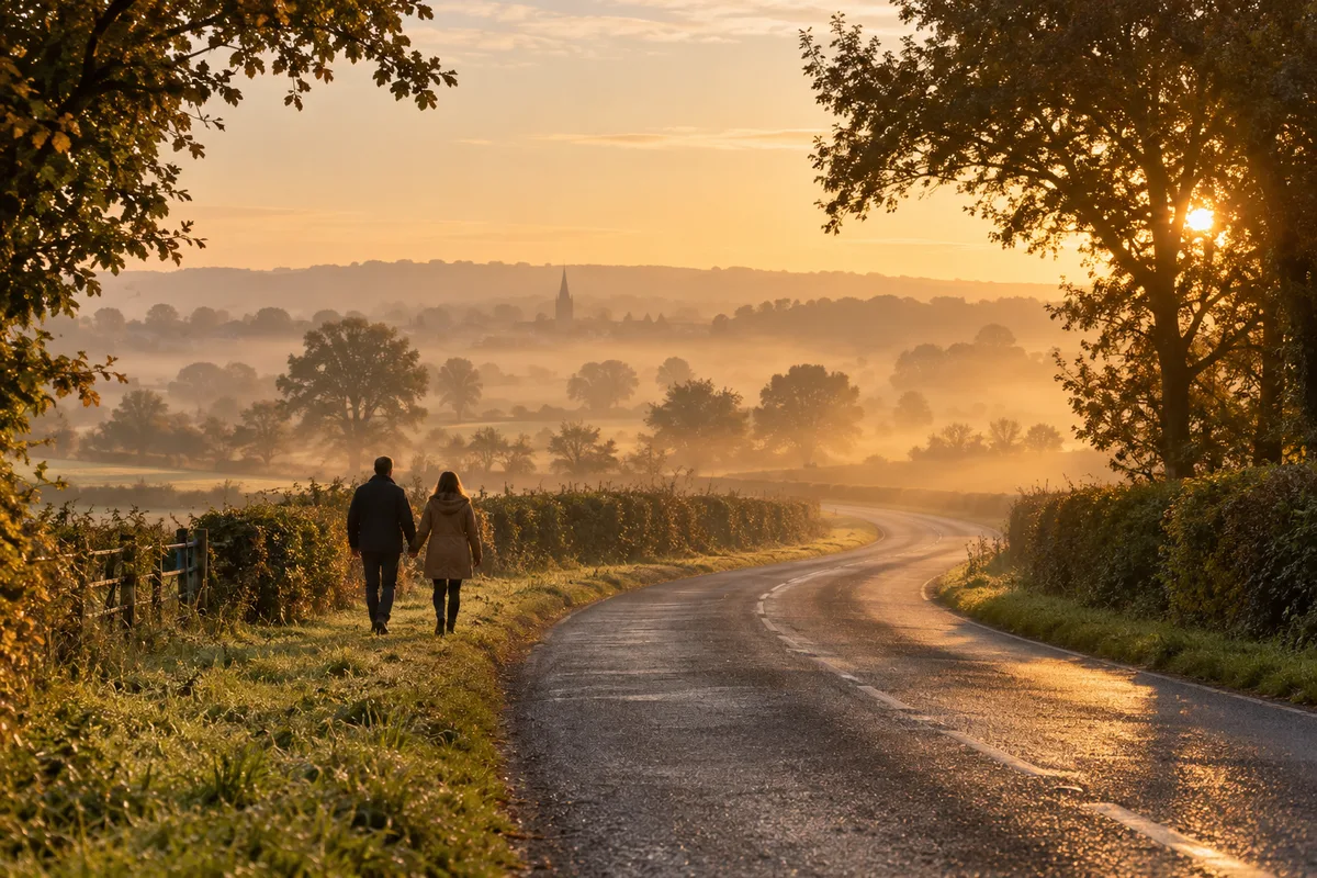 Route de campagne au lever du soleil et deux silhouettes de dos main dans la main