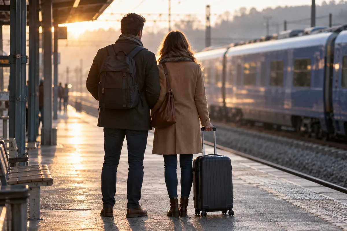 Quai de gare au petit matin, un couple de dos avec une valise cabine